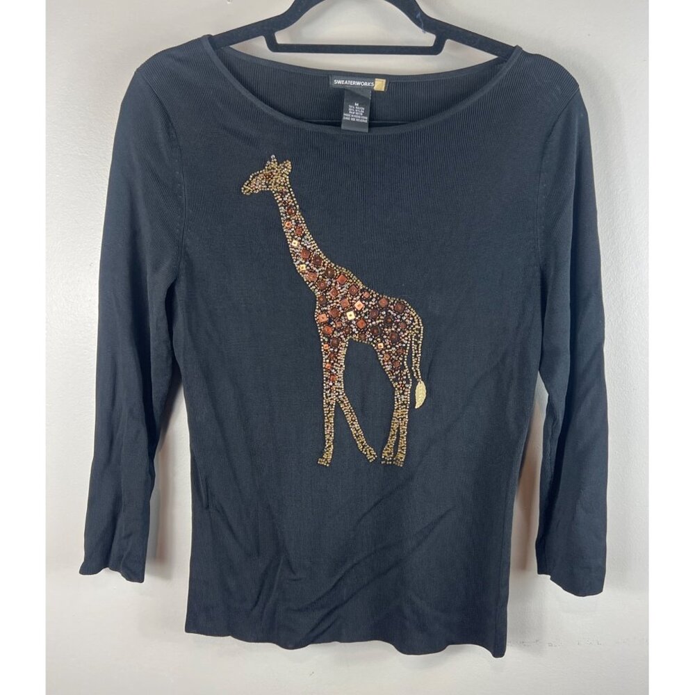Sweater Works Women's Top Black Sequin Giraffe Accent Sweater Medium